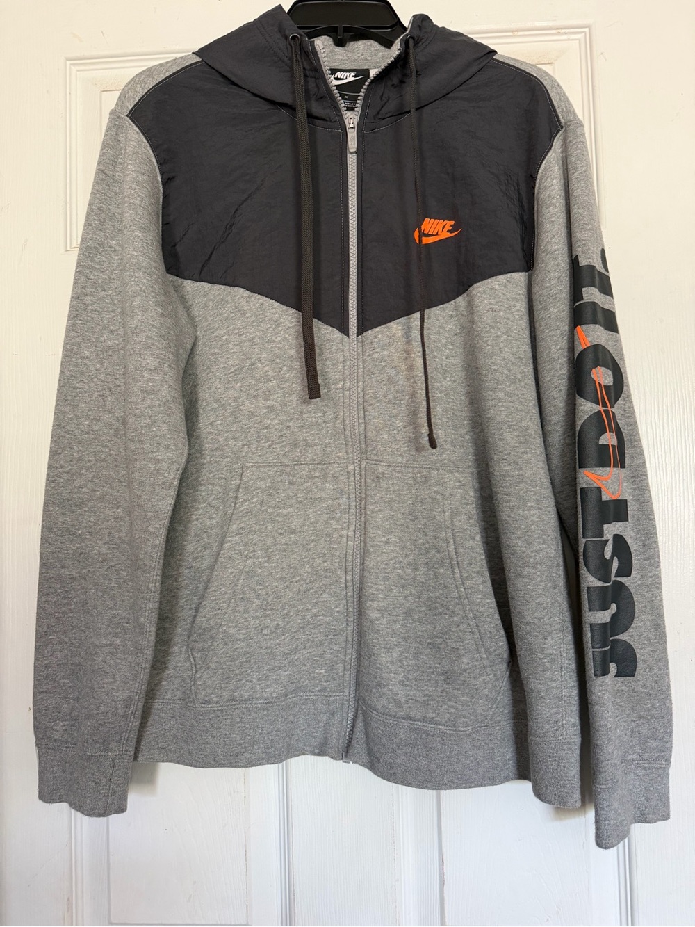 Nike Grey & Black Full-Zip Windbreaker Hoodie with Orange Logo